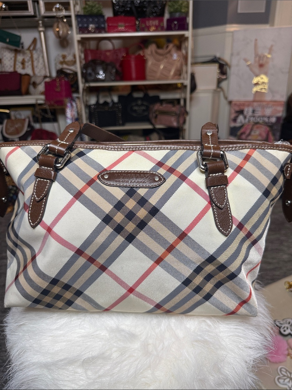 Burberry Beige Plaid Tote with Brown Leather Trim